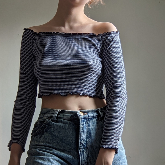 Striped Ruffle Crop Top - Long Sleeves - Picture 1 of 7